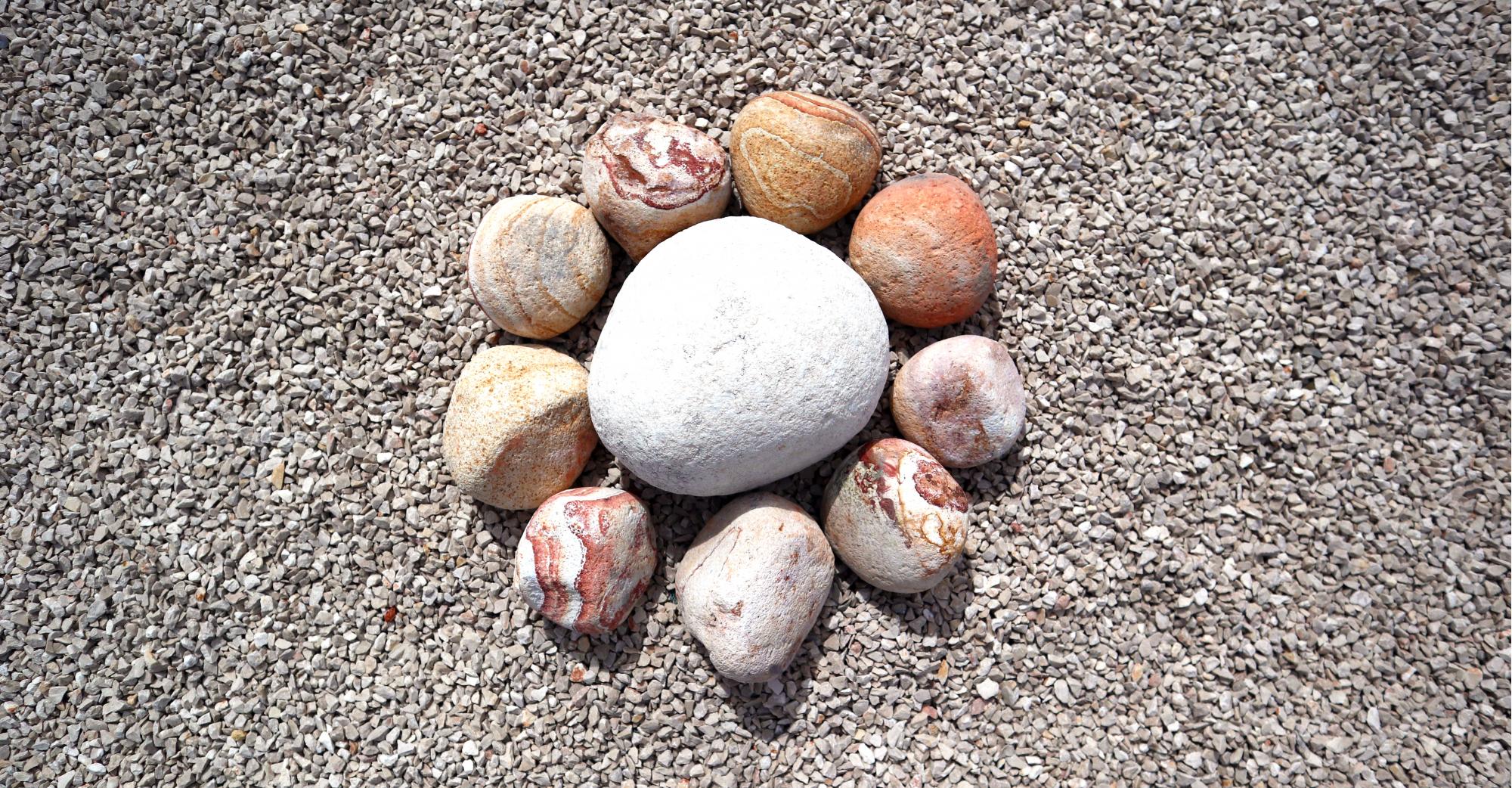 Fleur en galets arc-en-ciel et blanc de d'Alexandre sur gravier calcaire beige